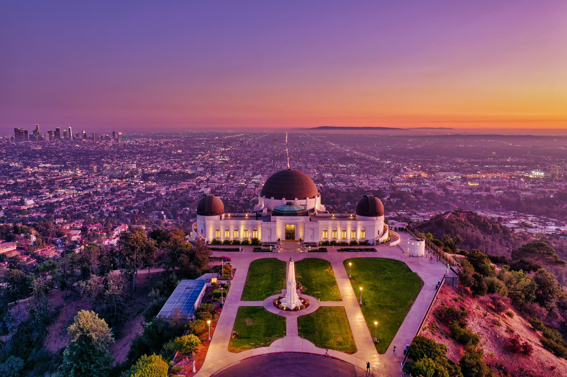 Aerial view of Griffith Observatory and Los Angeles at dusk